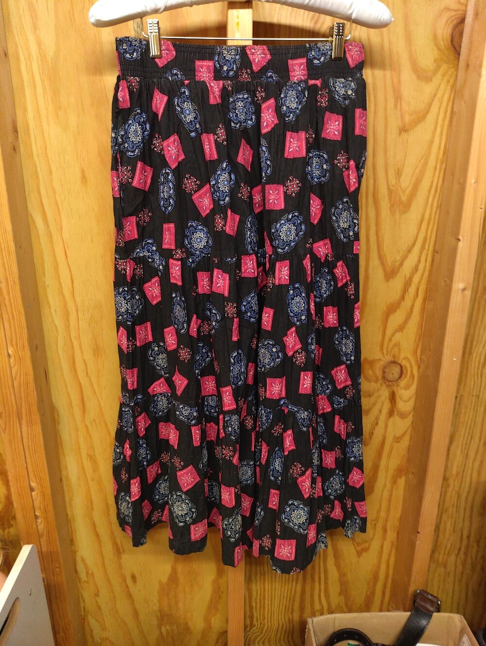 Vintage Starfire Women 12 Red Blue Paisley Bandana Print Tiered Maxi Skirt USA